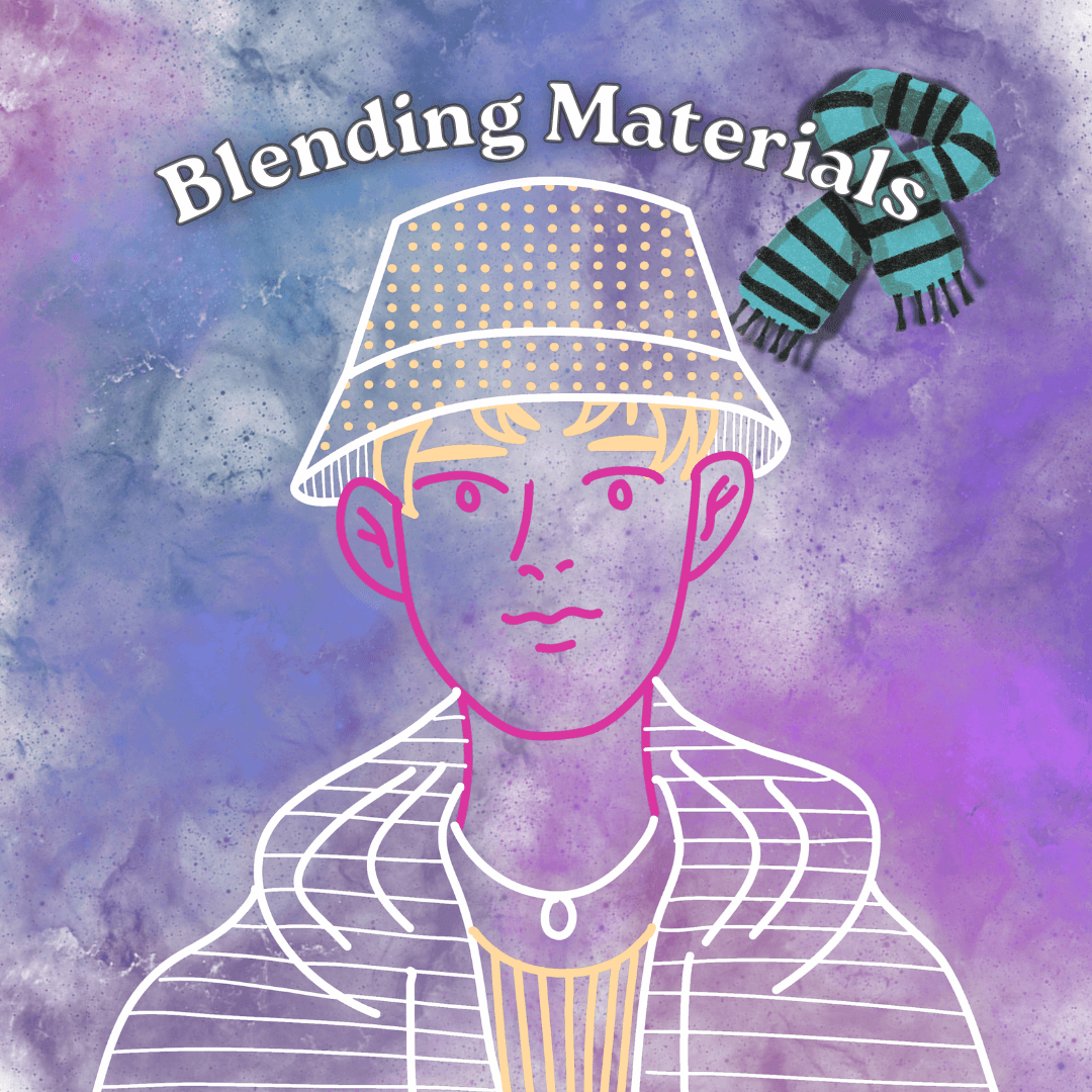 An art boy is made from lights on a colorful background, with the title "Blending Materials"