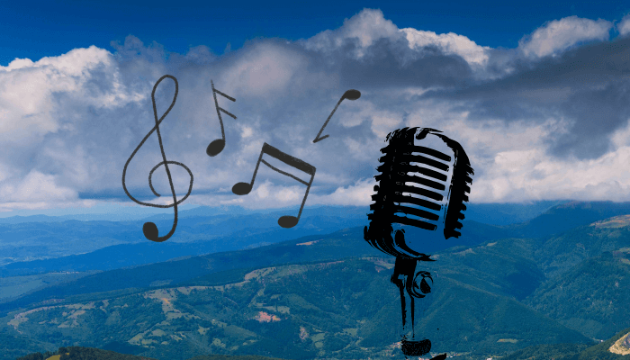 A microphone and a musical note drawn against a sky blue background with white clouds, as if someone sketched them.