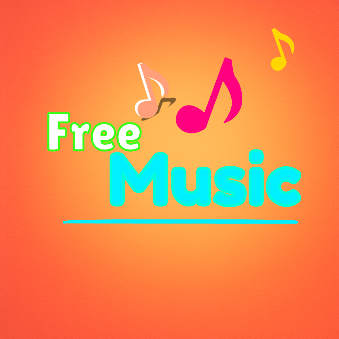 “Free Music” in bold playful lettering surrounded by bright summer colors, abstract shapes, and energetic musical elements like notes and waves on a vibrant sunny background.