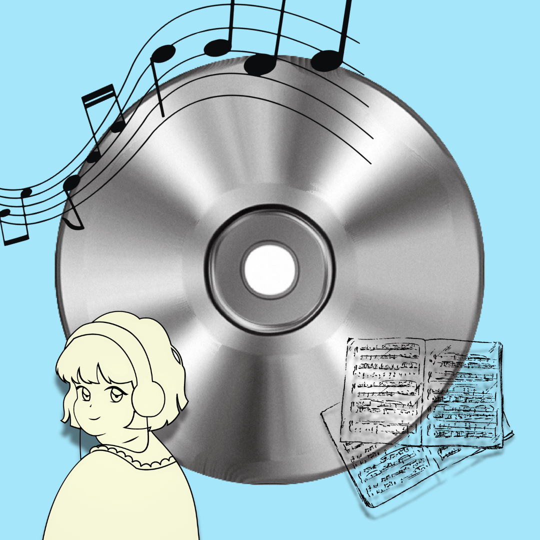 Large shiny CD dominating the frame, with a small anime-style girl chilling in a cozy loft vibe below on the left. Scattered music notes on open notebooks at the bottom, and glowing musical staff lines flowing like a wave around the top edge of the CD.