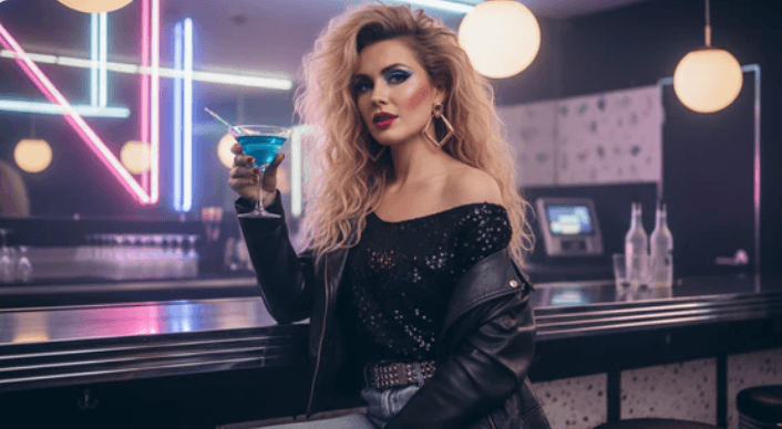  A confident woman in her prime stands in a neon-lit 80s nightclub, rocking big blonde hair, bold 80s makeup, black leather rock outfit, holding a drink in one hand with a fierce, iconic vibe.