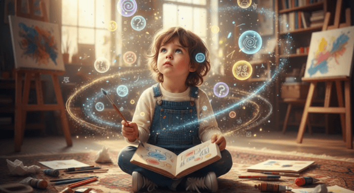 A young child immersed in an art-filled room, surrounded by paintings, brushes, and stacks of books, with big dreams and imagination appearing as glowing holographic star constellations swirling around his head.