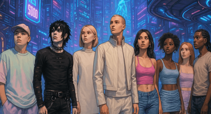 Eight diverse young people in varied styles and expressions gaze confidently toward the future, standing against a vibrant cyberpunk cityscape glowing with neon lights and holographic signs.