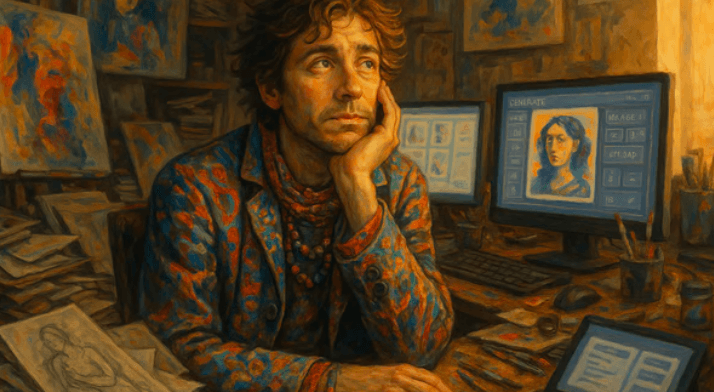 A contemplative artist lost in thought about life, surrounded by a chaotic pile of sketches and papers, with multiple screens glowing behind him showing his artwork.
