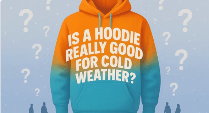  Oversized hoodie with bold white text: "Is a hoodie really good for cold weather?" surrounded by faint white question marks and subtle dark blue shadows of people doing laundry.