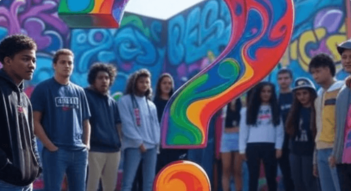 A diverse group of young people from different ethnic backgrounds, wearing casual clothes like hoodies, jeans, t-shirts, and sneakers, gather playfully around a large colorful question mark in vibrant rainbow hues.
