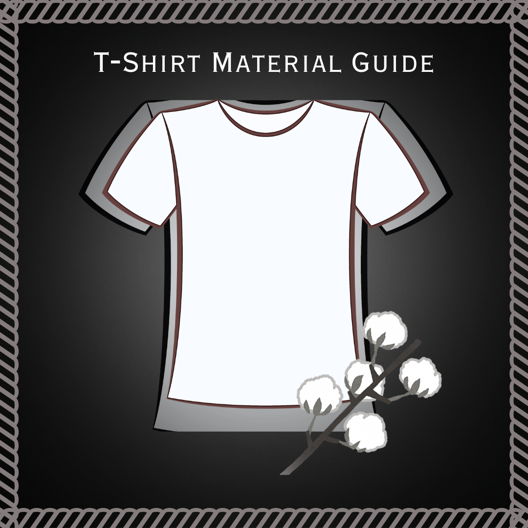  White oversized t-shirt with glowing semi-transparent text behind, "cotton" label in bottom-right, silver chain and phone nearby, title "T-shirt Material Guide" at top.