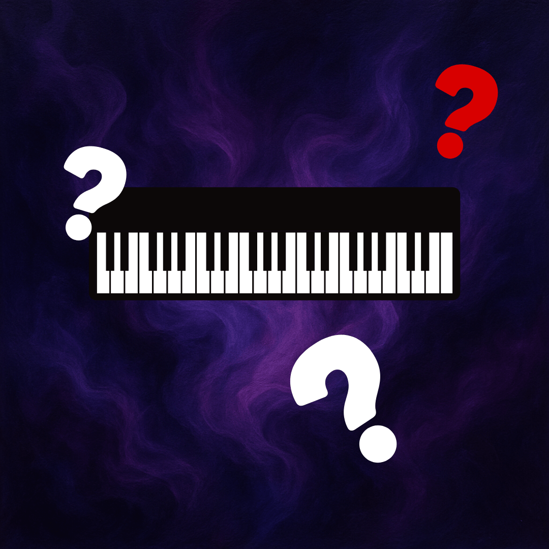 Graphic of a piano keyboard on a dark purple smoky background, surrounded by two white question marks and one red question mark.
